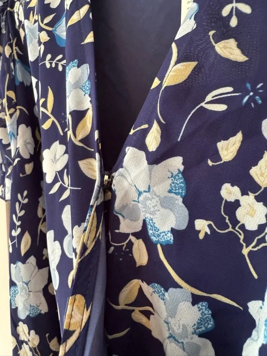 Blue Floral Wrap Midi Dress with Self-Tie Waist - Picture 6 of 8